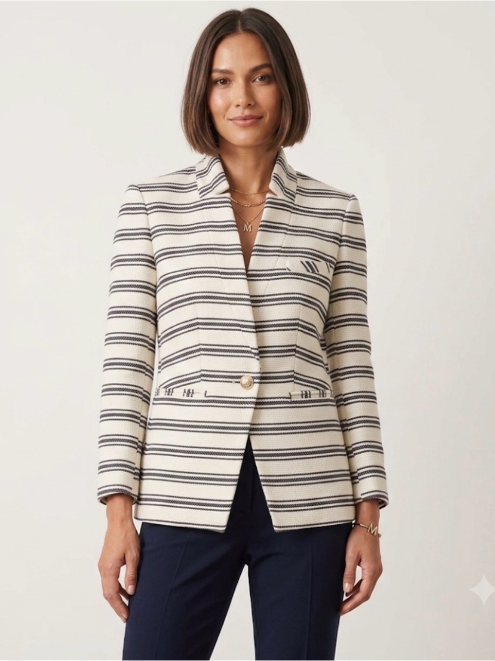 Veronica Beard Cream and Black Striped Single-Button Blazer